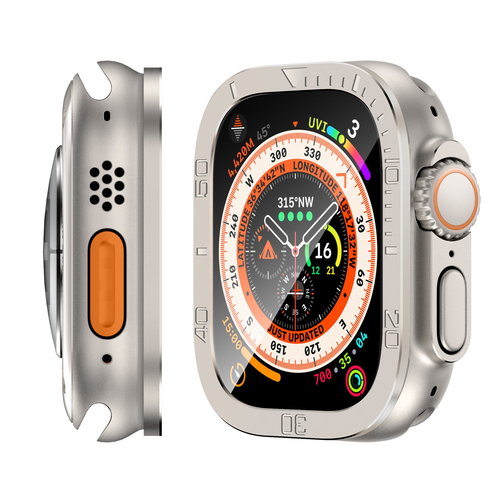 Uniqkart for Apple Watch Ultra 49mm Tempered Glass Screen Protector Numbers Marker Metal Frame with Built-in Clear Film - Original Color Uniqkart for Apple Watch Ultra 49mm Tempered Glass Screen Protector Numbers Marker Metal Frame with Built-in Clear Film - Original Color